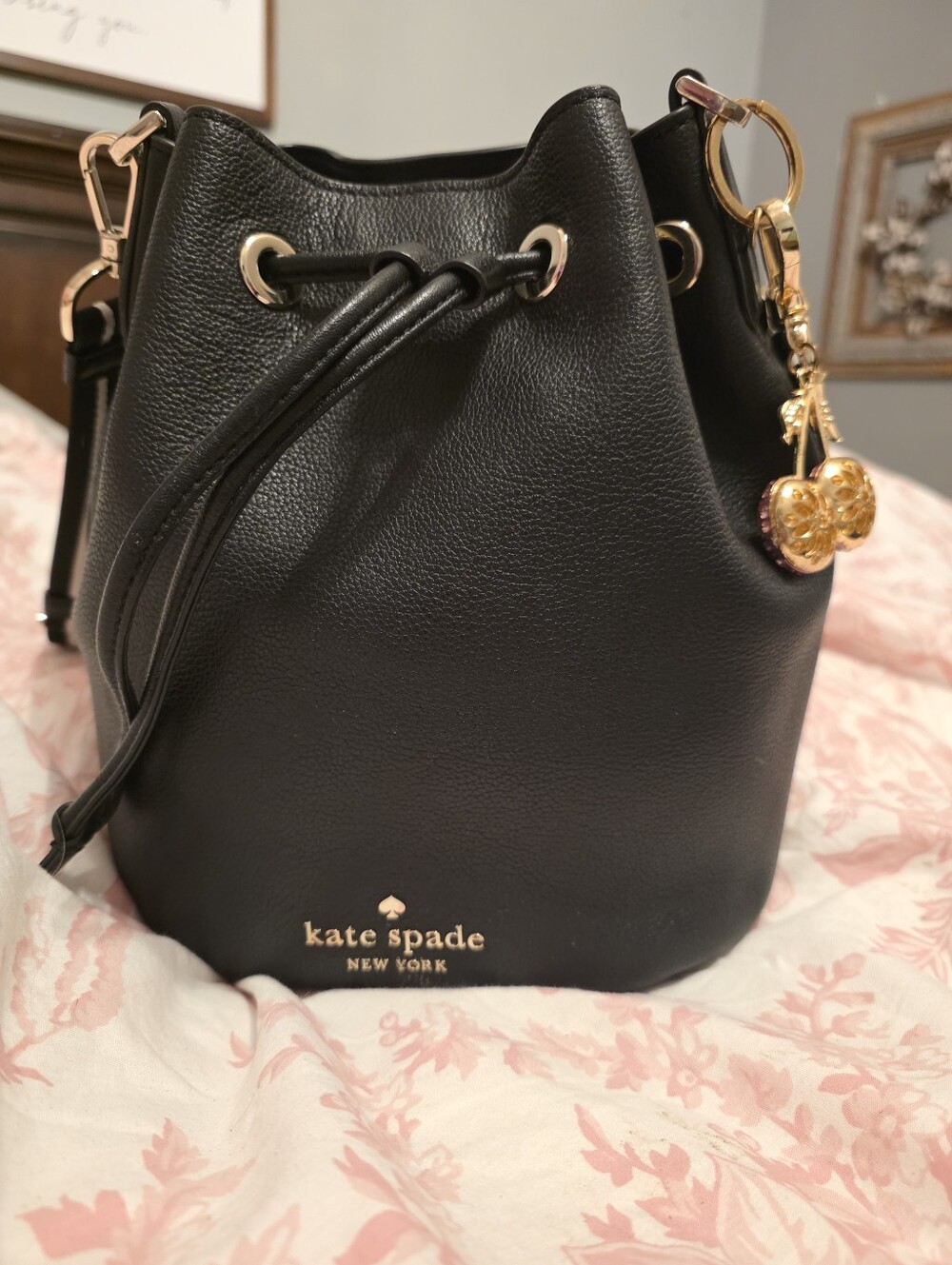kate spade Black Pebbled Leather Drawstring Crossbody Bag
